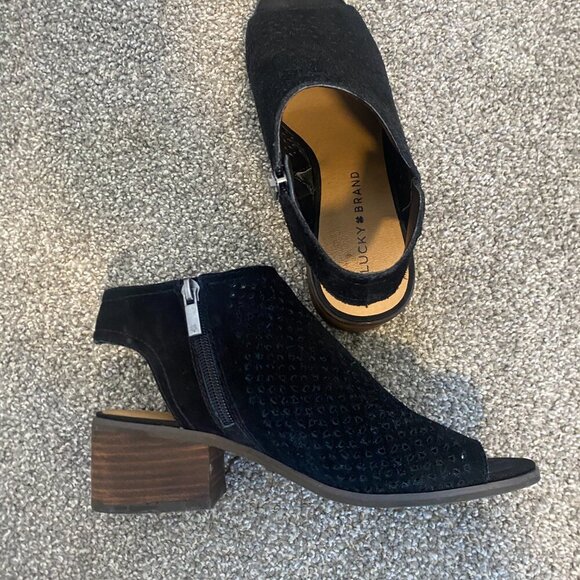 Lucky Brand Slingback Ankle Booties Black Suede Open Toe Heeled Boots Size‎ 7 - Picture 3 of 8